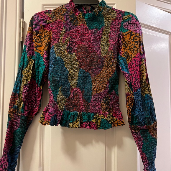 FARM Rio Tops - FARM Rio Multicolor Smocked Long Sleeve Top — Pink, Teal, Mustard, Blue